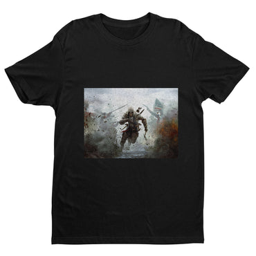 Assassin's Creed III battlefield promo art tee - black unisex t-shirt, front view