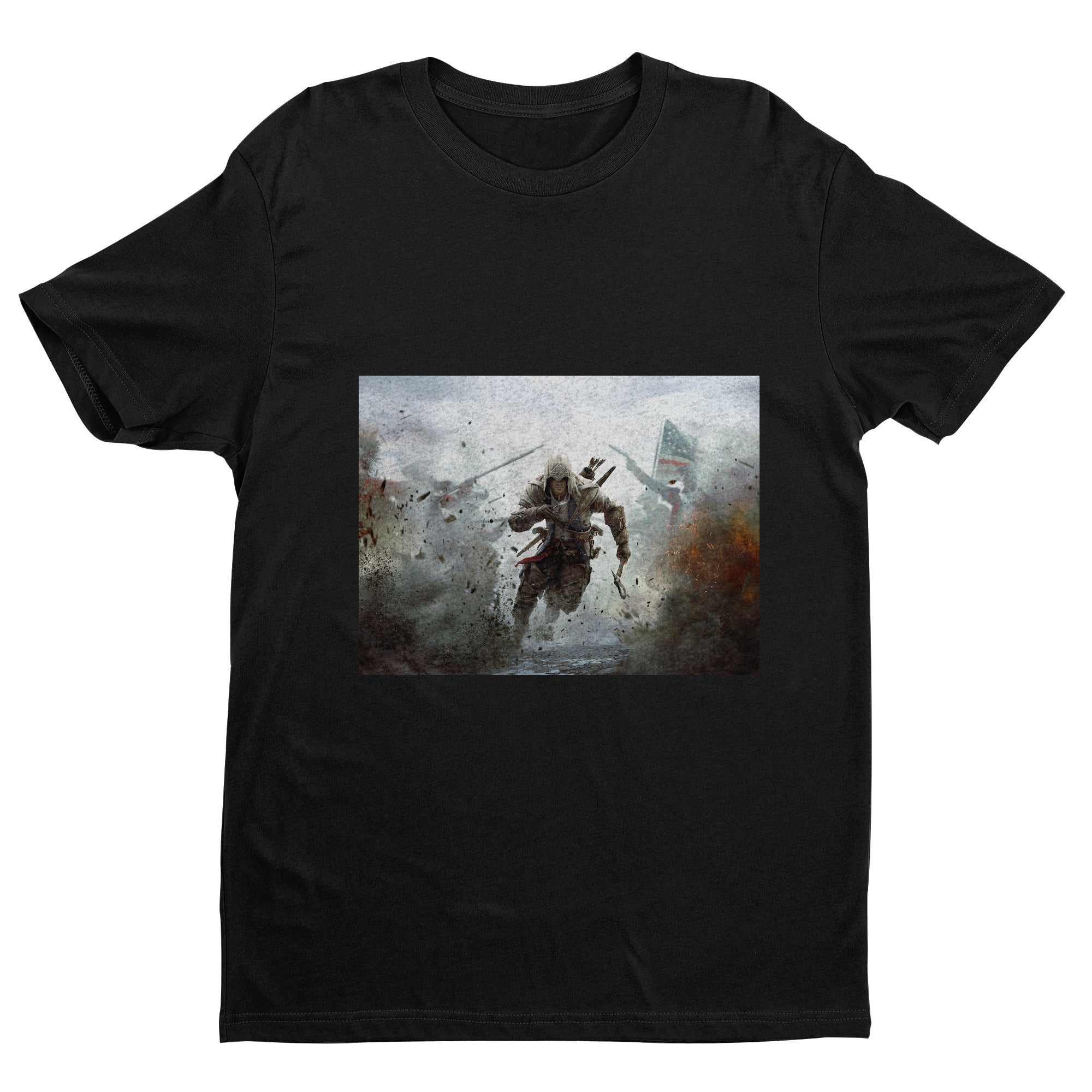 Assassin's Creed III battlefield promo art tee - black unisex t-shirt, front view