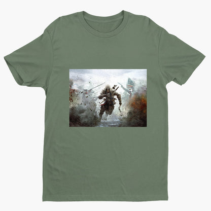 Assassin's Creed III battlefield promo art tee - green unisex t-shirt, front view