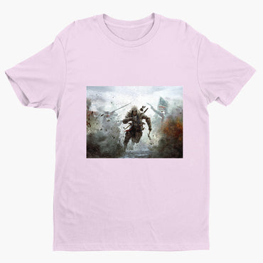 Assassin's Creed III battlefield promo art tee - light pink unisex t-shirt, front view
