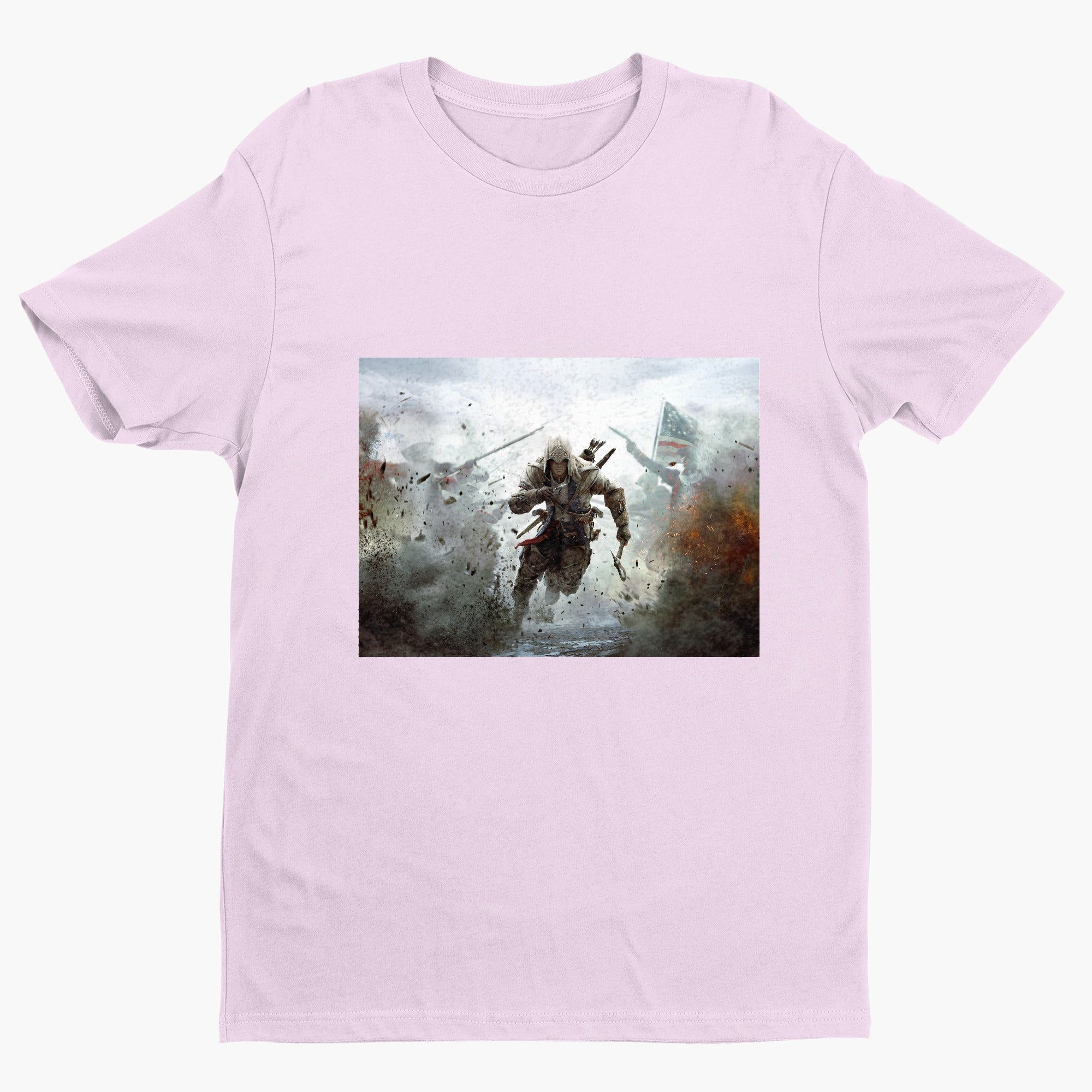 Assassin's Creed III battlefield promo art tee - light pink unisex t-shirt, front view