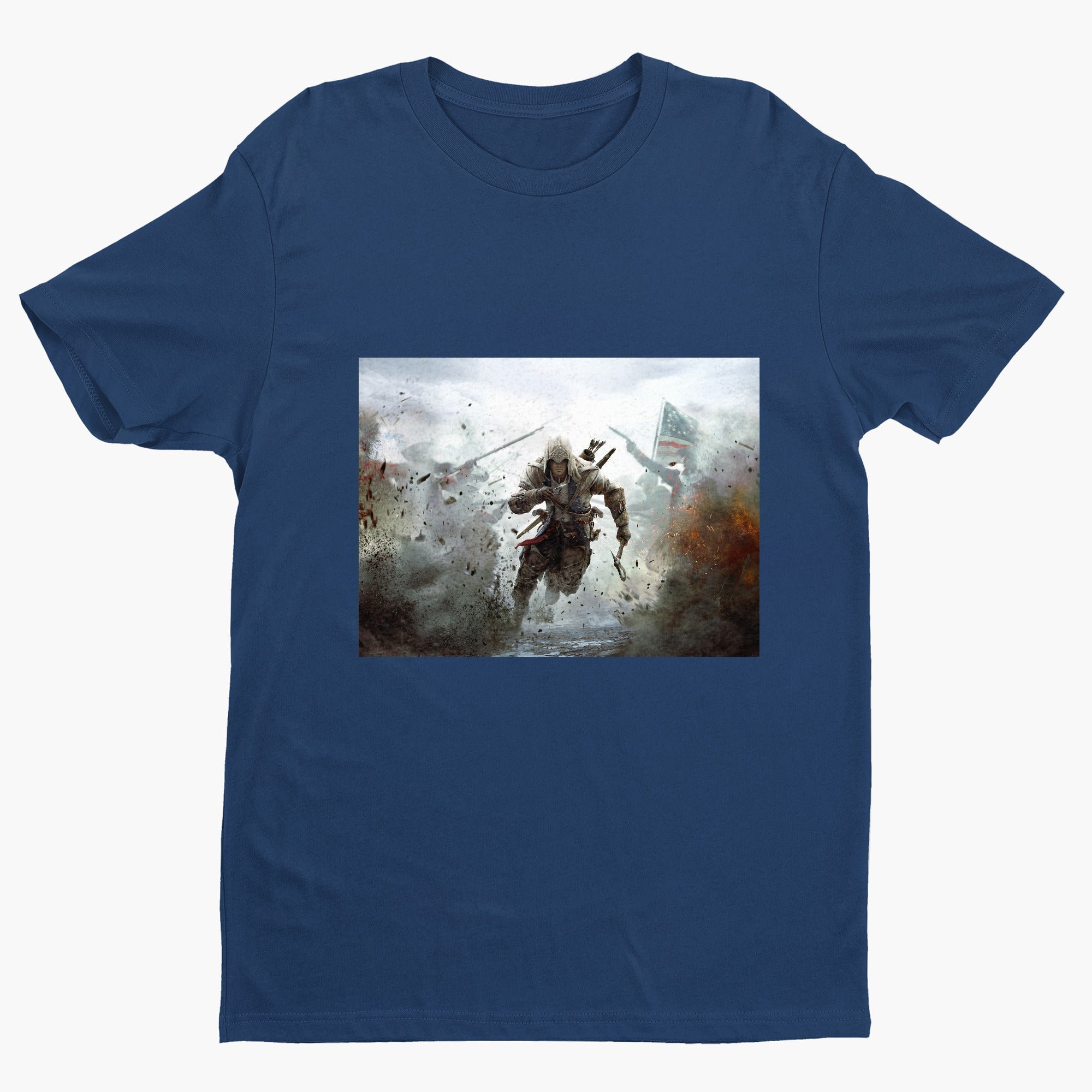 Assassin's Creed III battlefield promo art tee - navy unisex t-shirt, front view