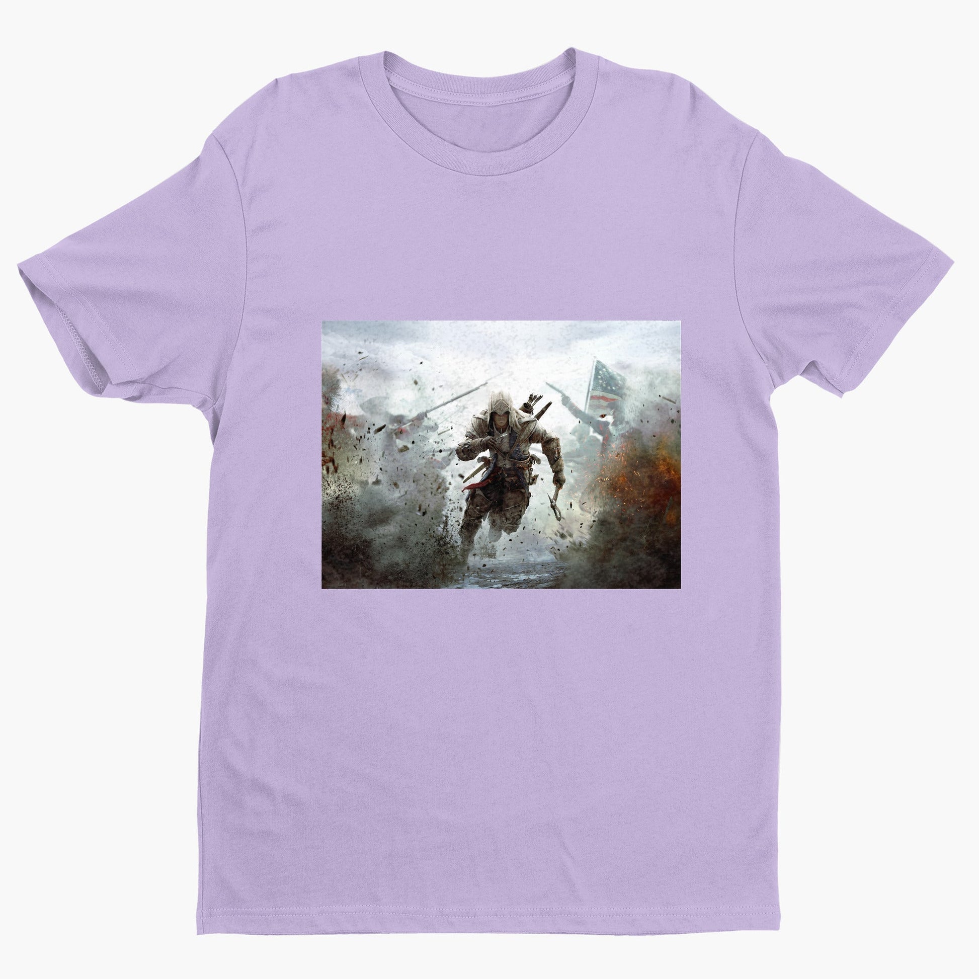 Assassin's Creed III battlefield promo art tee - violet unisex t-shirt, front view