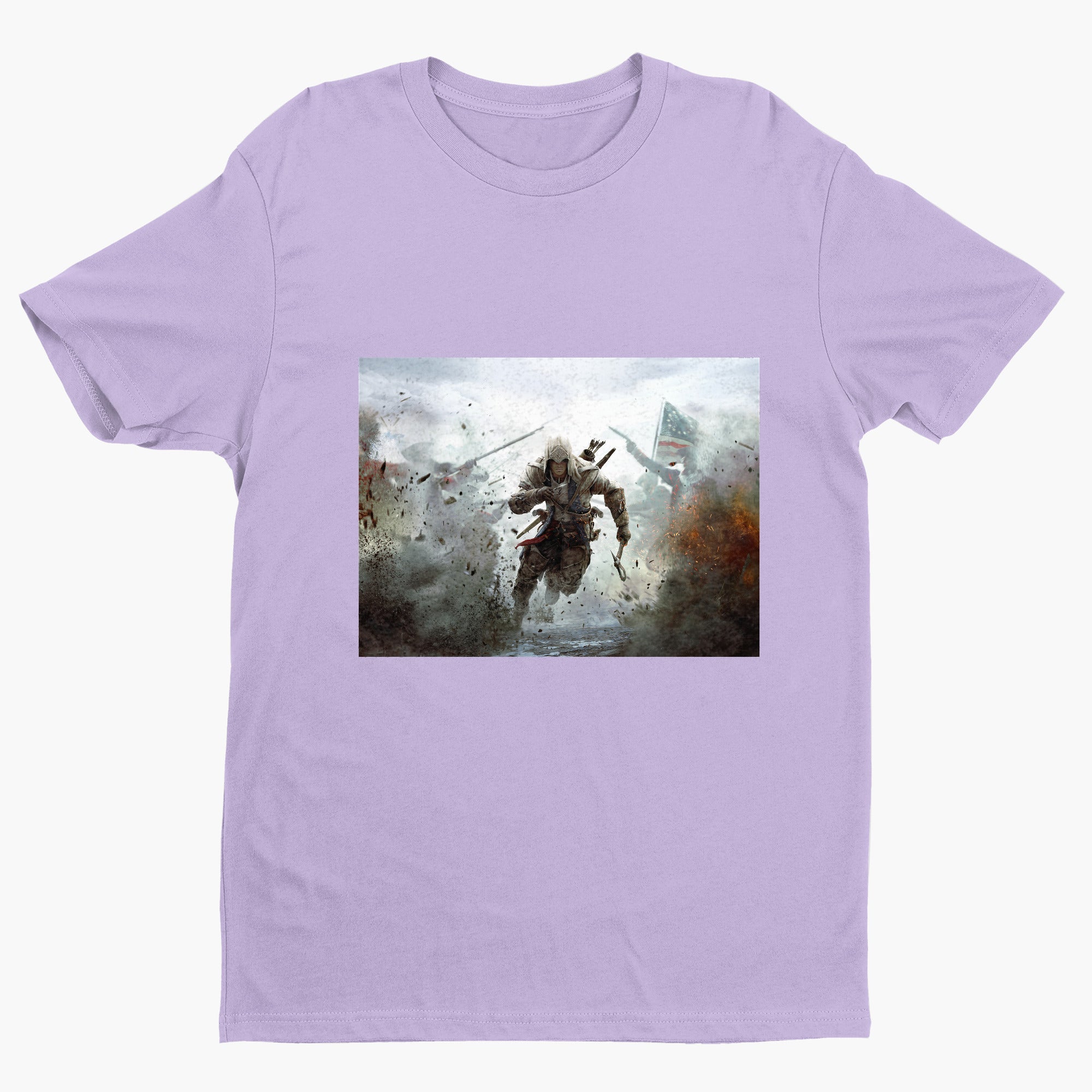 Assassin's Creed III battlefield promo art tee - violet unisex t-shirt, front view