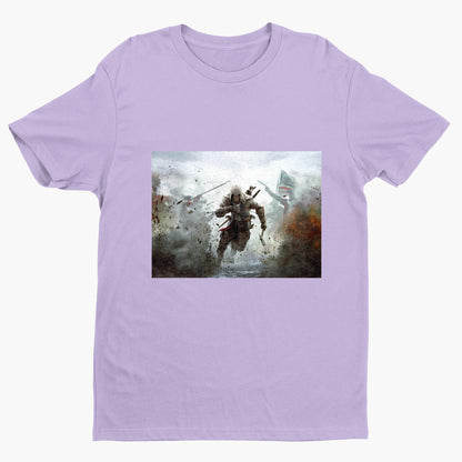 Assassin's Creed III battlefield promo art tee - violet unisex t-shirt, front view