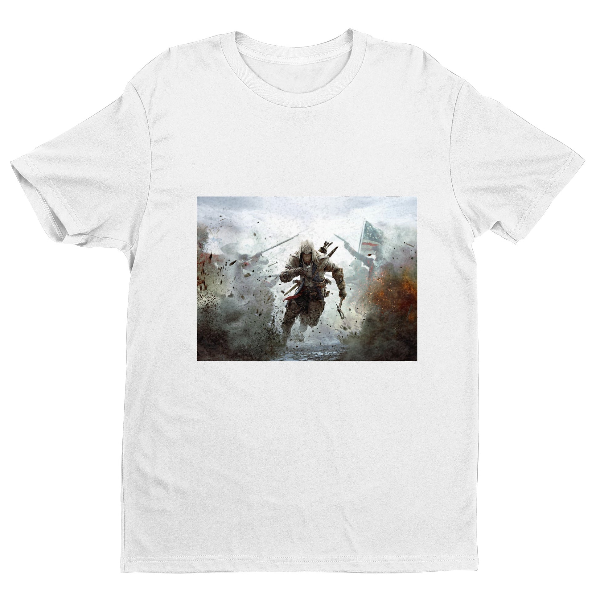 Assassin's Creed III battlefield promo art tee - white unisex t-shirt, front view