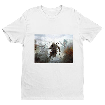 Assassin's Creed III battlefield promo art tee - white unisex t-shirt, front view