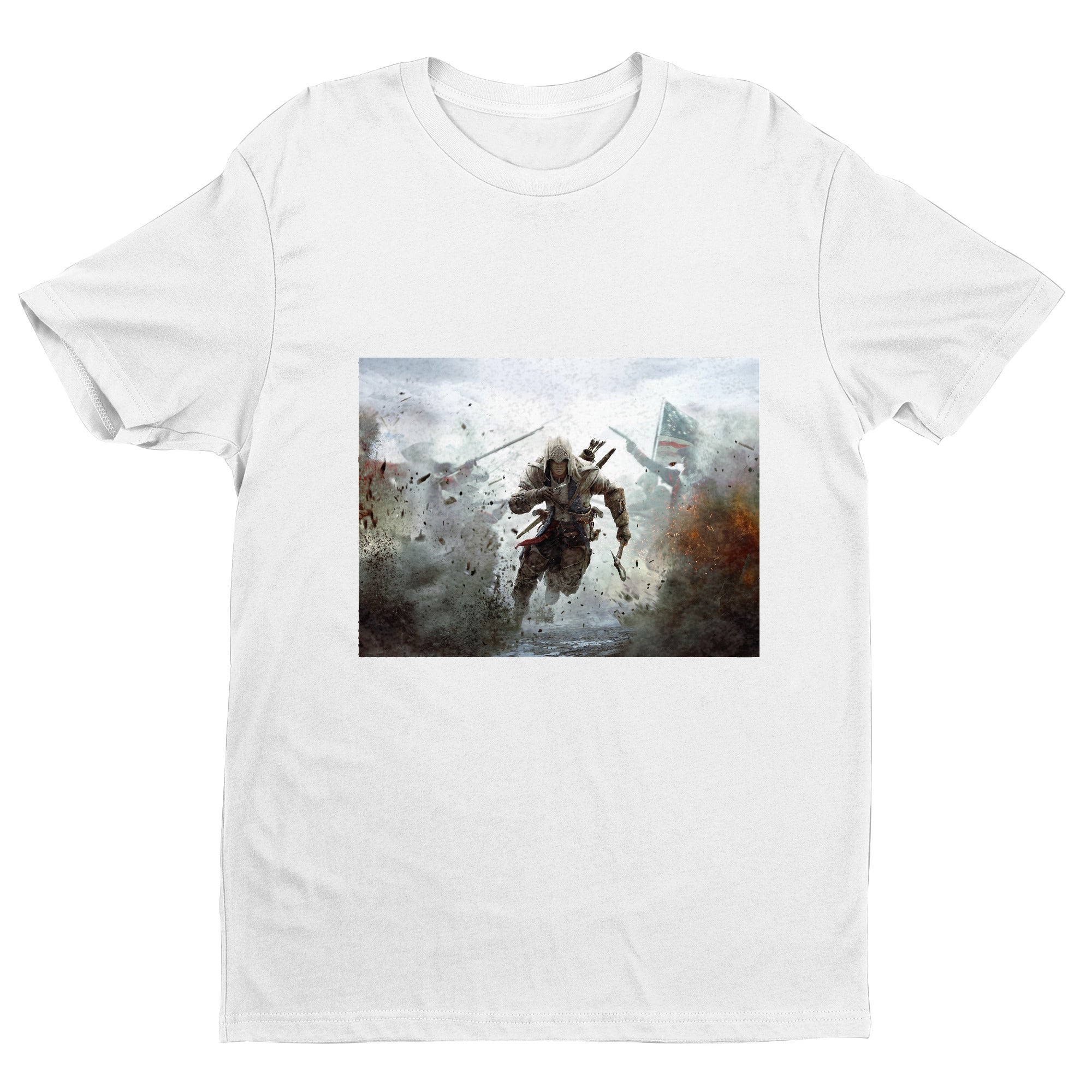 Assassin's Creed III battlefield promo art tee - white unisex t-shirt, front view