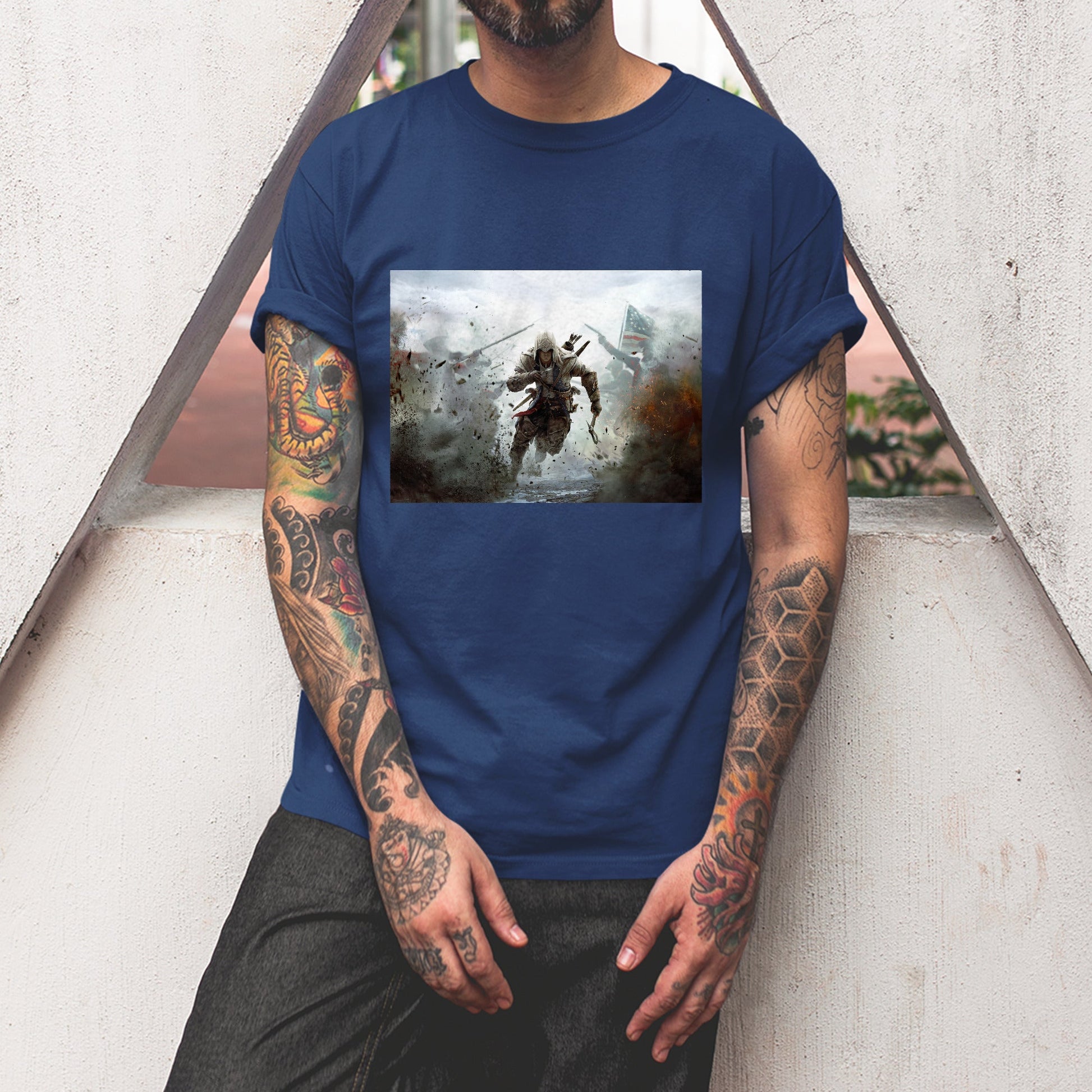 Assassin's Creed III battlefield promo art tee worn by a model, navy