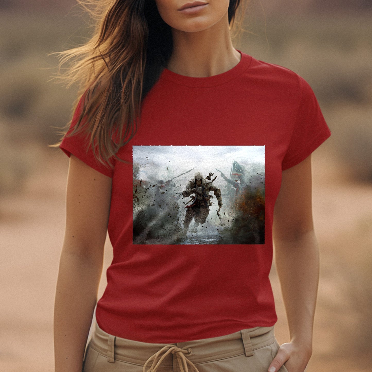 Assassin's Creed III battlefield promo art tee worn by a model, red