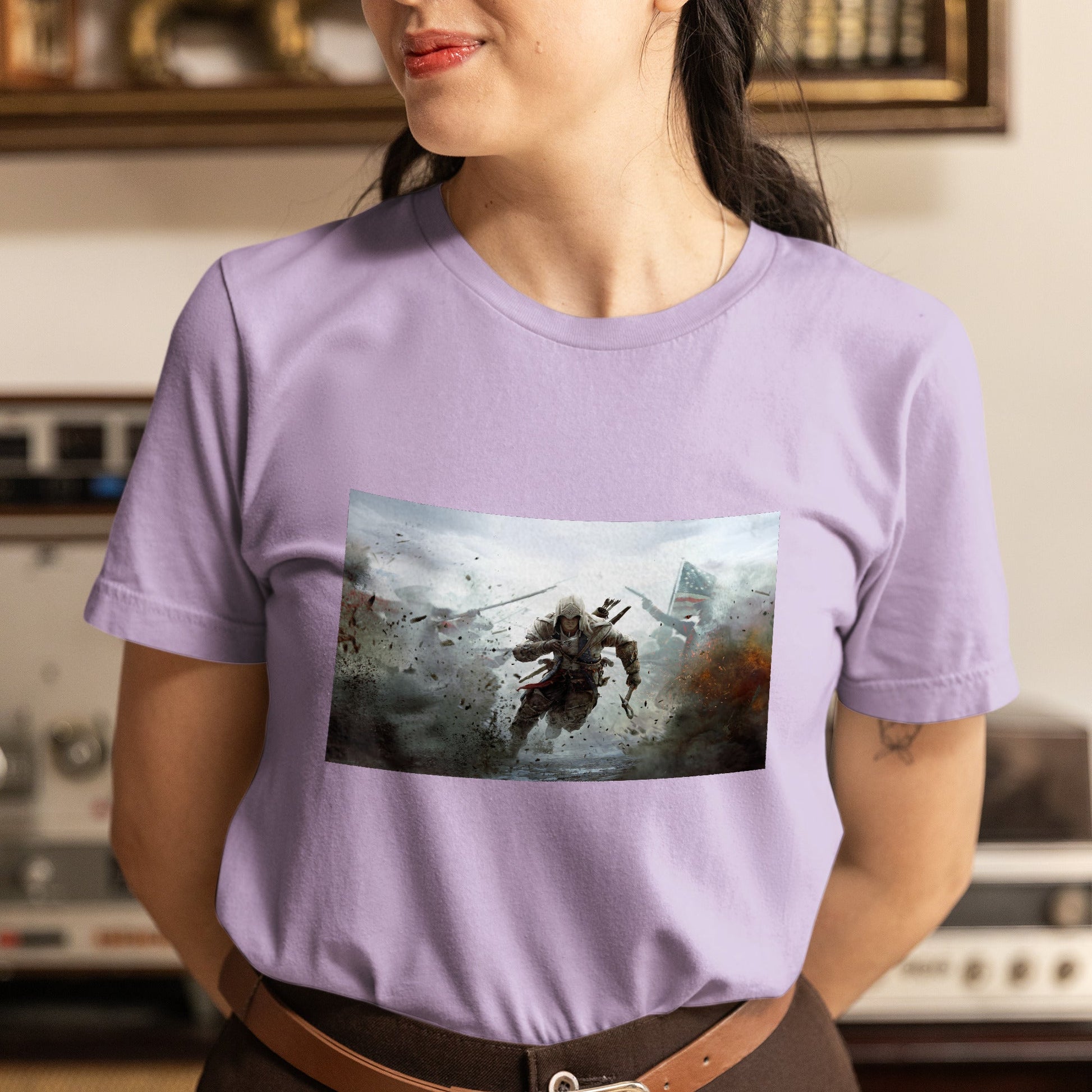 Assassin's Creed III battlefield promo art tee worn by a model, violet