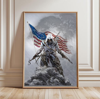 Assassin's Creed III Connor illustration by Alex Ross in a light oak frame leaning against a white wall
