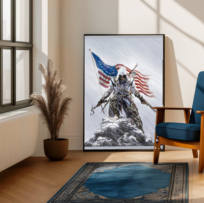 Assassin's Creed III Connor illustration by Alex Ross framed beside a blue armchair in a sunlit room