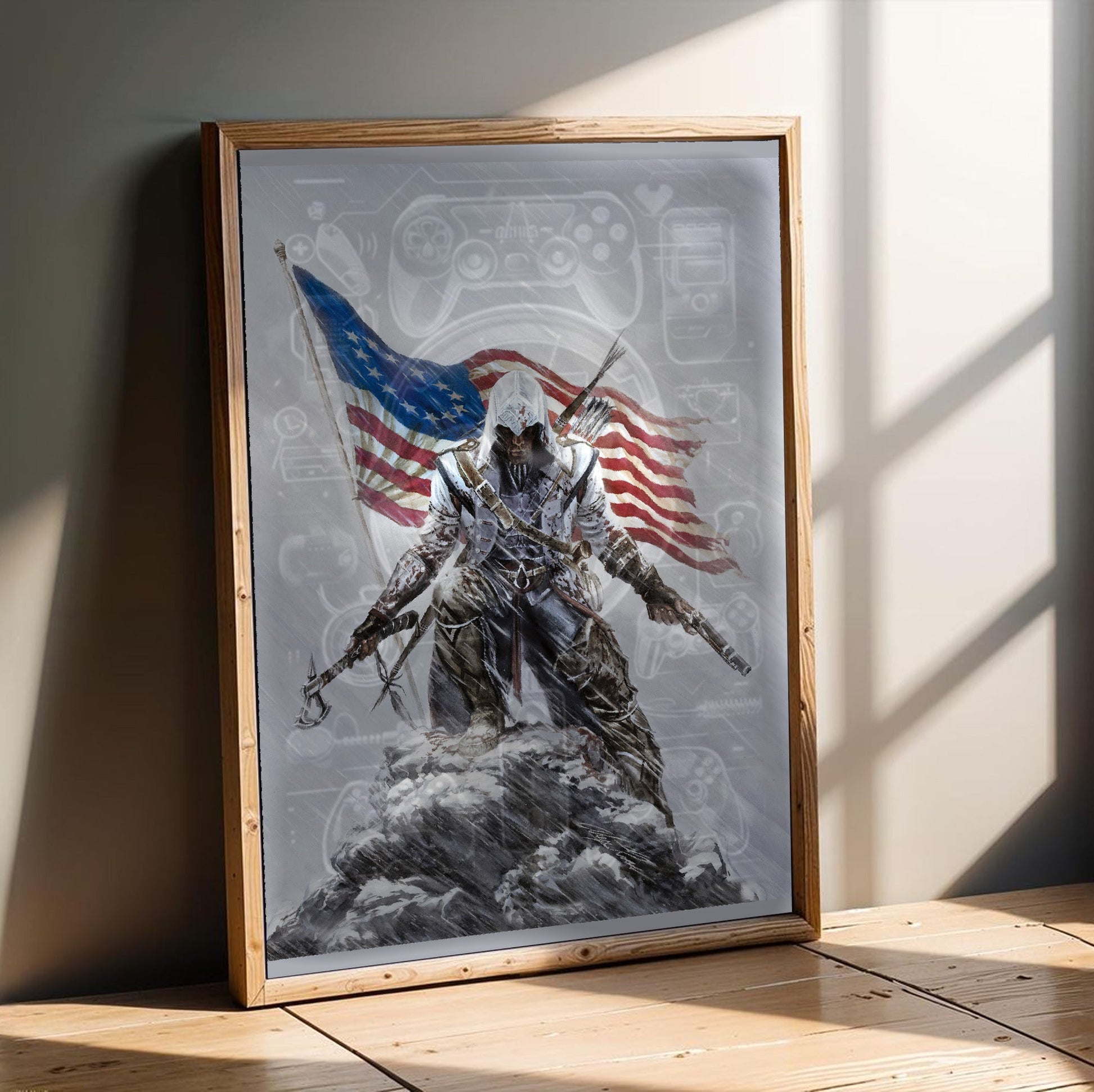 Assassin's Creed III Connor illustration by Alex Ross in an oak frame leaning on a wooden floor