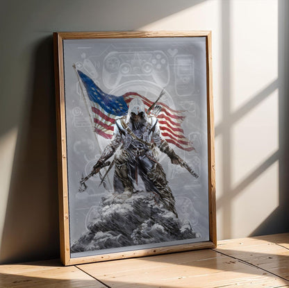 Assassin's Creed III Connor illustration by Alex Ross in an oak frame leaning on a wooden floor
