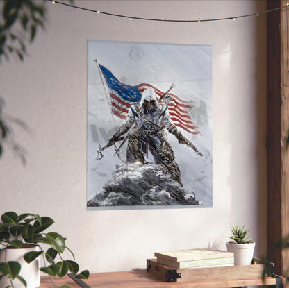 Assassin's Creed III Connor illustration by Alex Ross unframed on a white wall above a desk