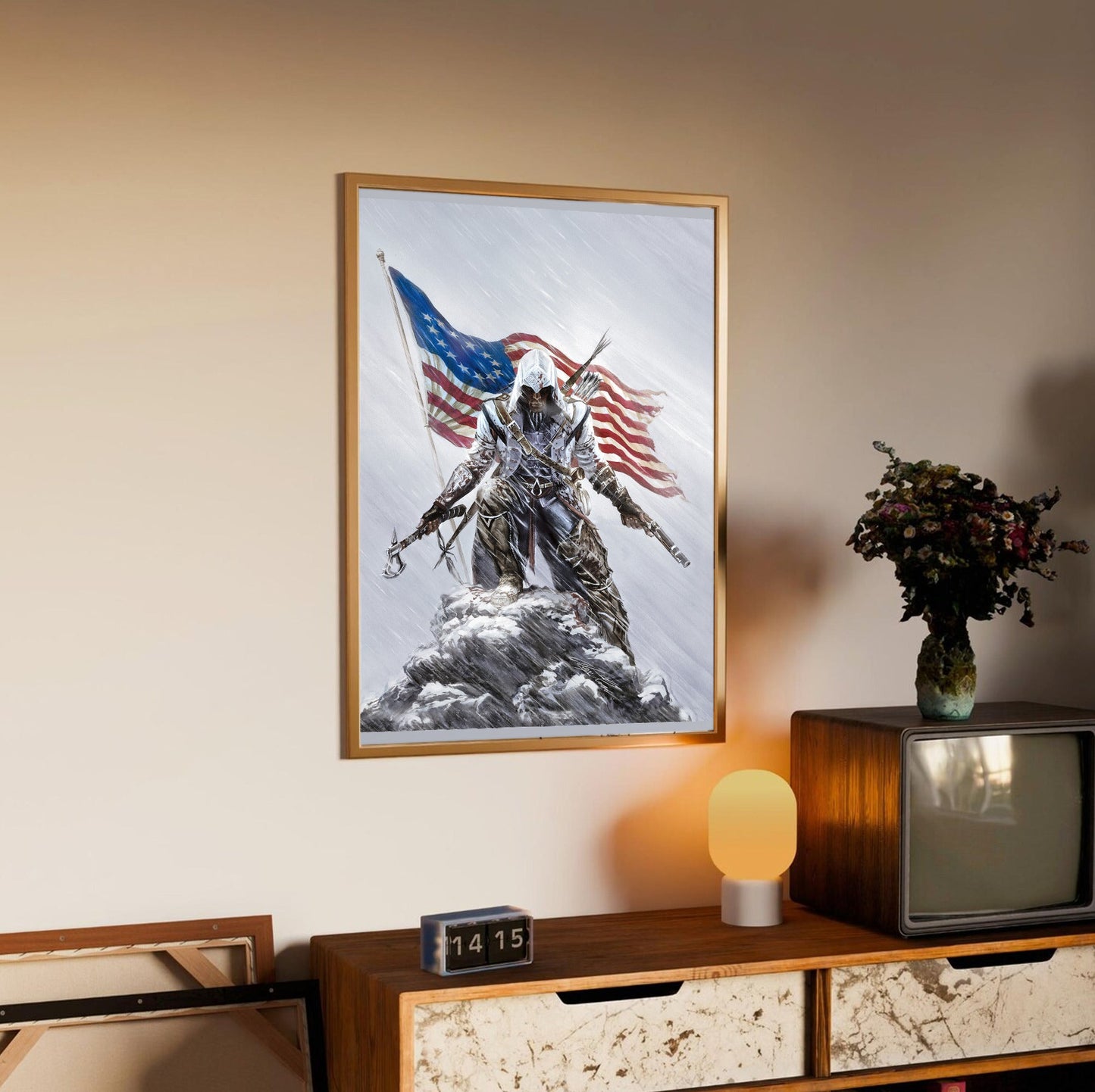 Assassin's Creed III Connor illustration by Alex Ross in an oak frame above a sideboard