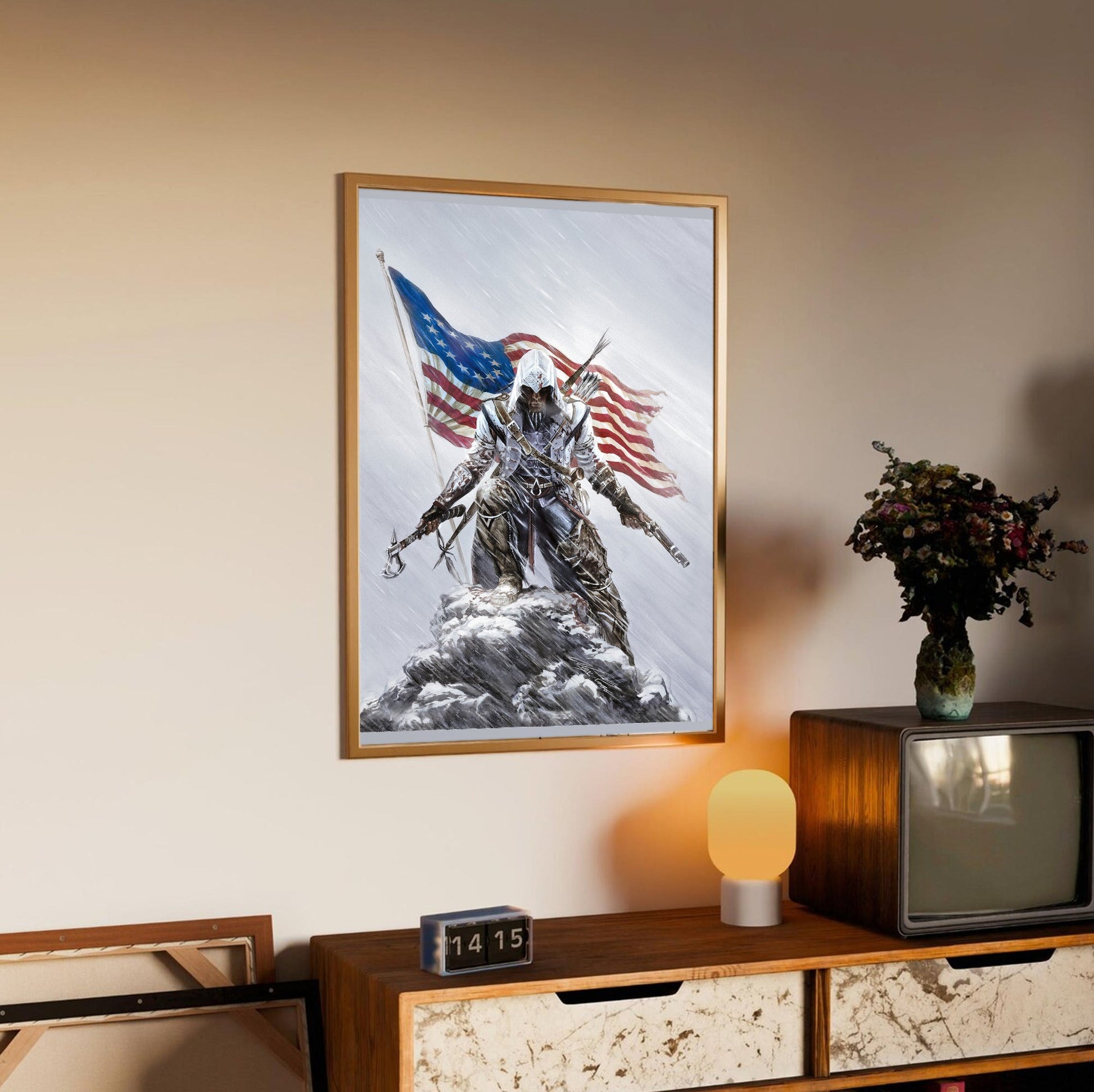 Assassin's Creed III Connor illustration by Alex Ross in an oak frame above a sideboard