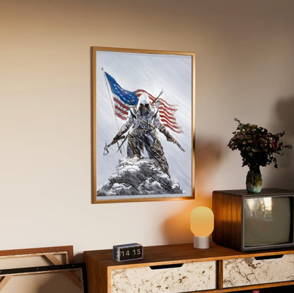 Assassin's Creed III Connor illustration by Alex Ross in an oak frame above a sideboard