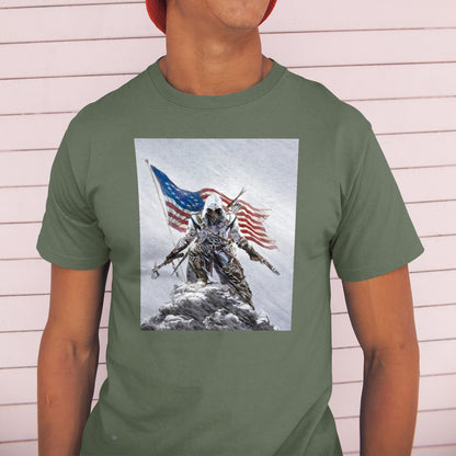 Assassin's Creed III Connor by Alex Ross tee worn by a model in a cap, green