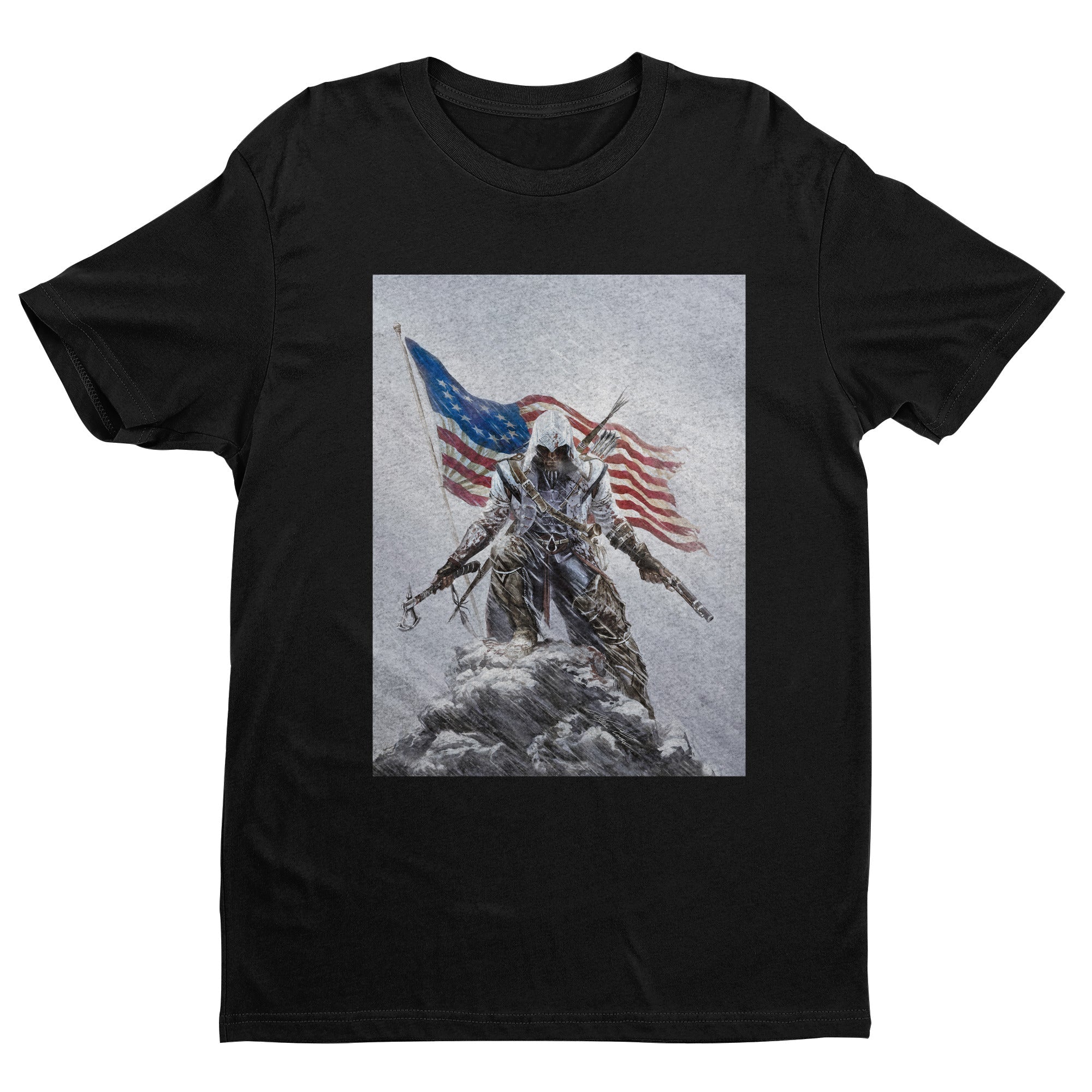 Assassin's Creed III Connor by Alex Ross tee - black unisex t-shirt, front view