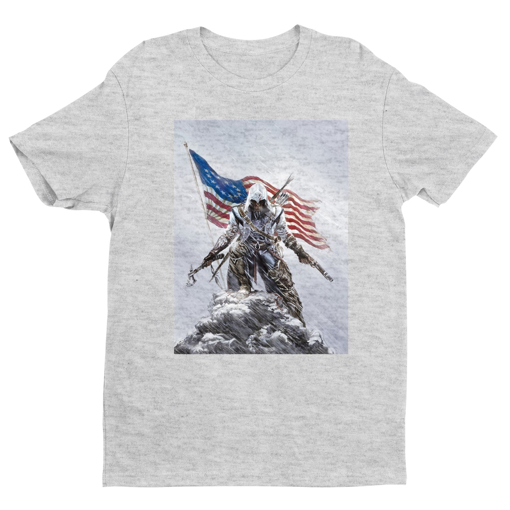 Assassin's Creed III Connor by Alex Ross tee - gray unisex t-shirt, front view