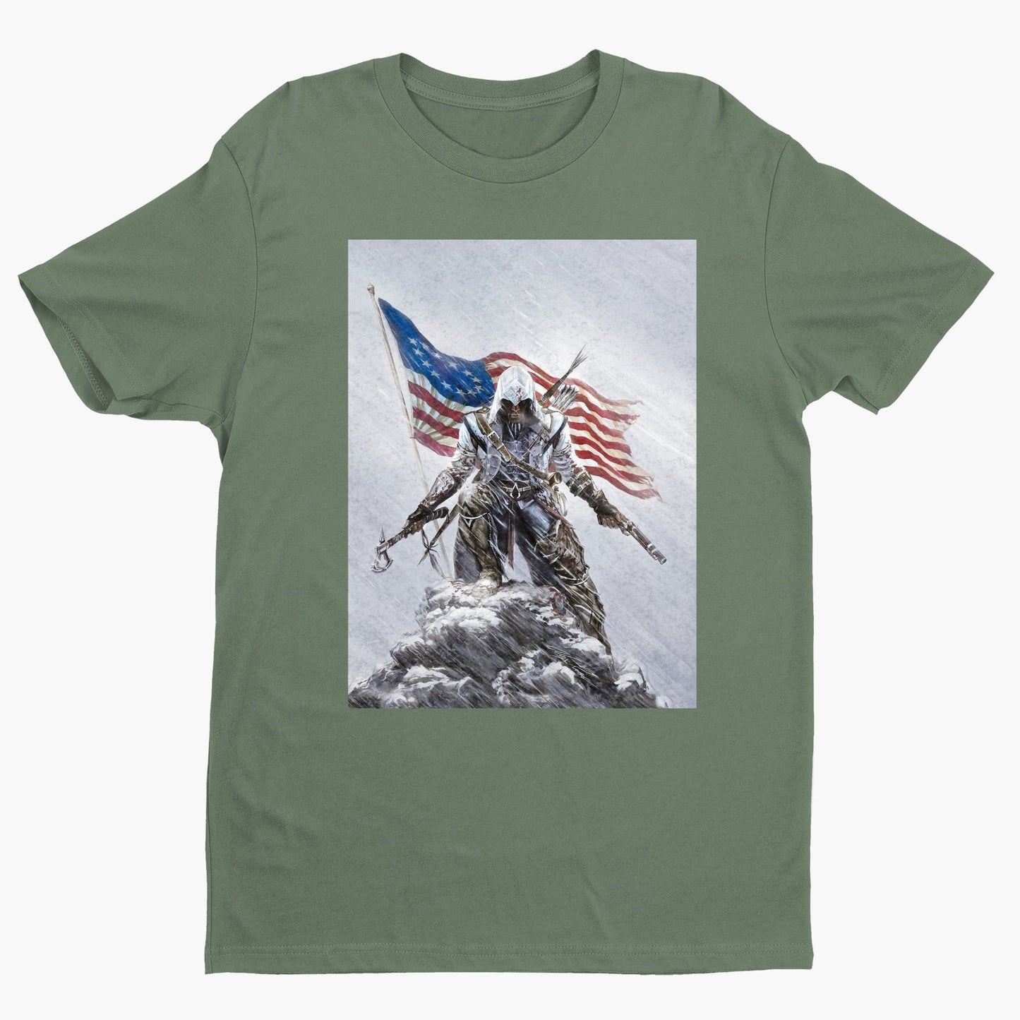 Assassin's Creed III Connor by Alex Ross tee - green unisex t-shirt, front view