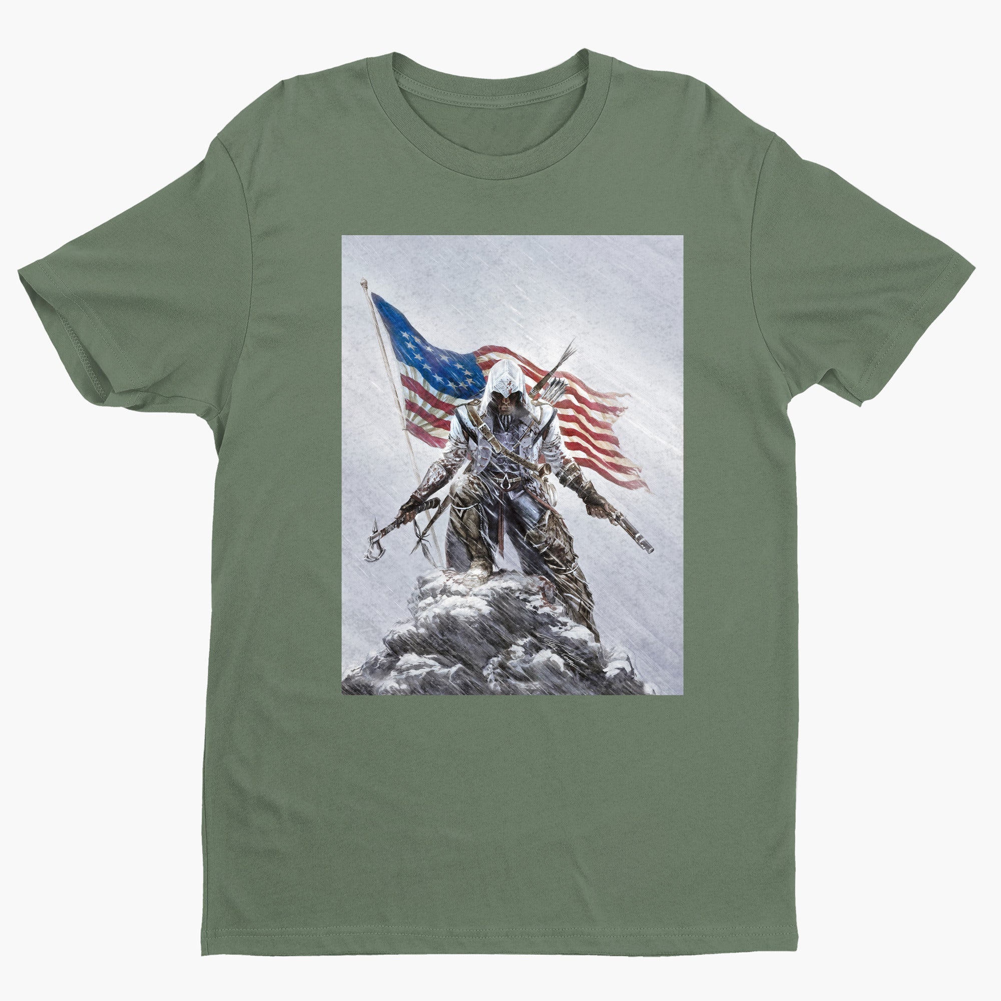 Assassin's Creed III Connor by Alex Ross tee - green unisex t-shirt, front view