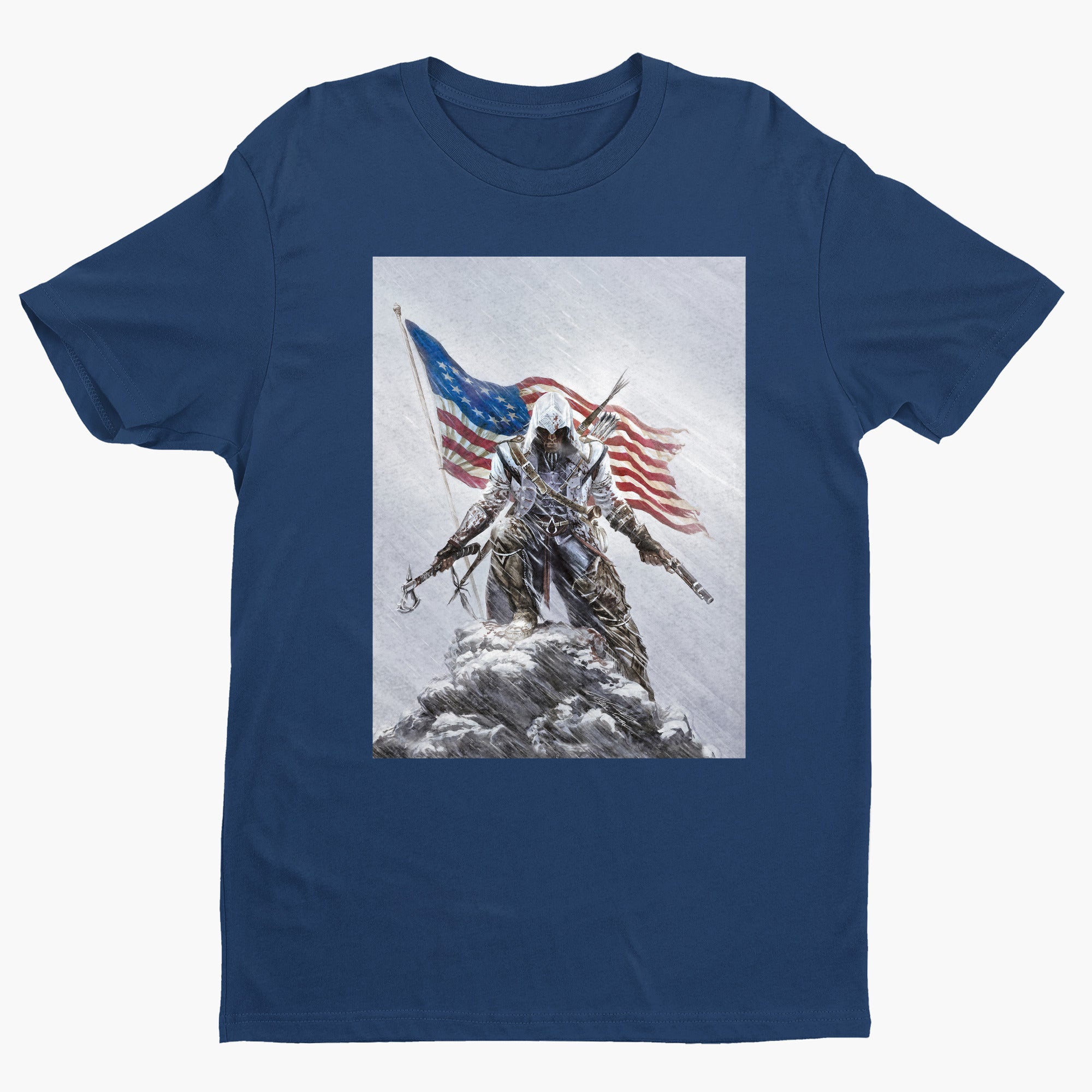 Assassin's Creed III Connor by Alex Ross tee - navy unisex t-shirt, front view