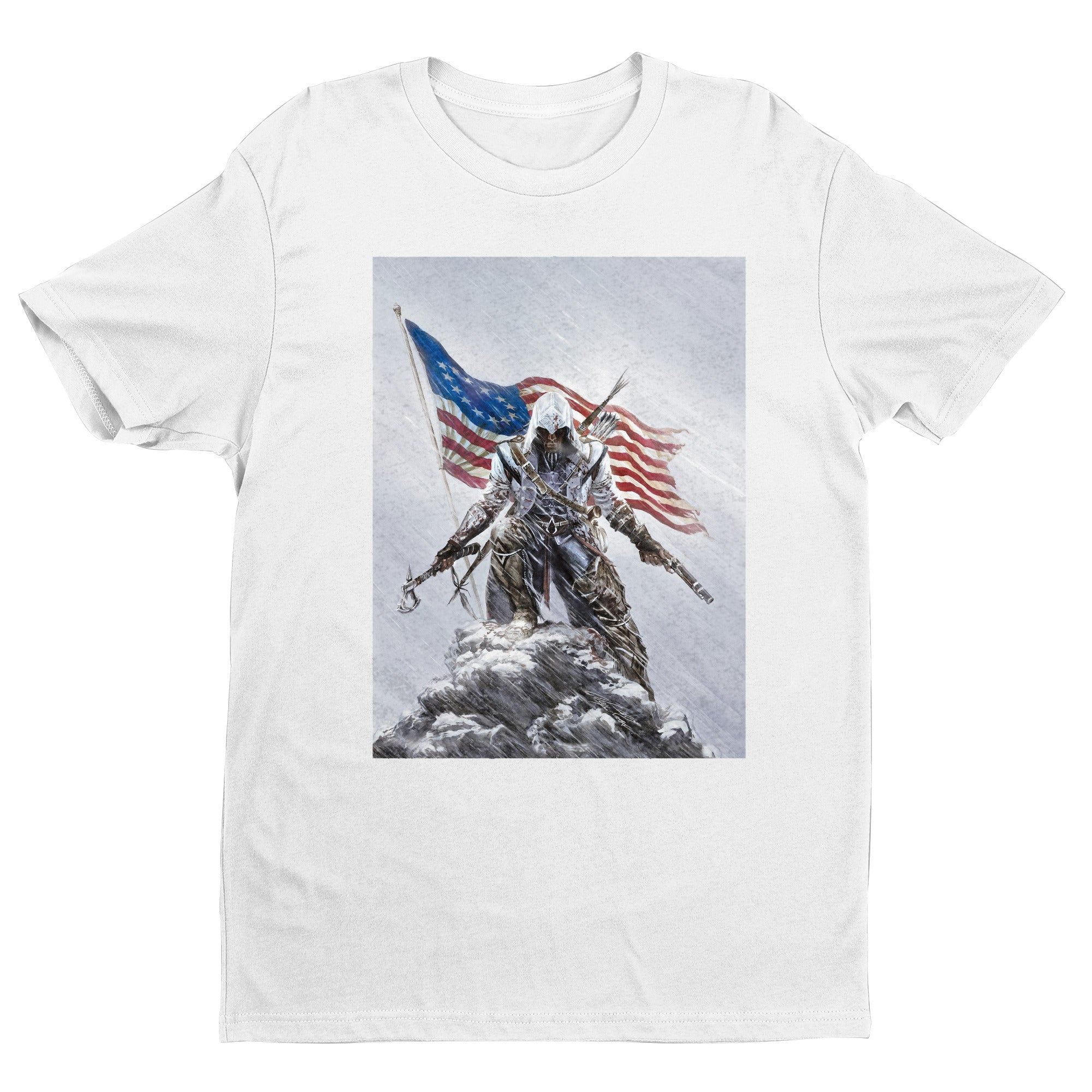 Assassin's Creed III Connor by Alex Ross tee - white unisex t-shirt, front view