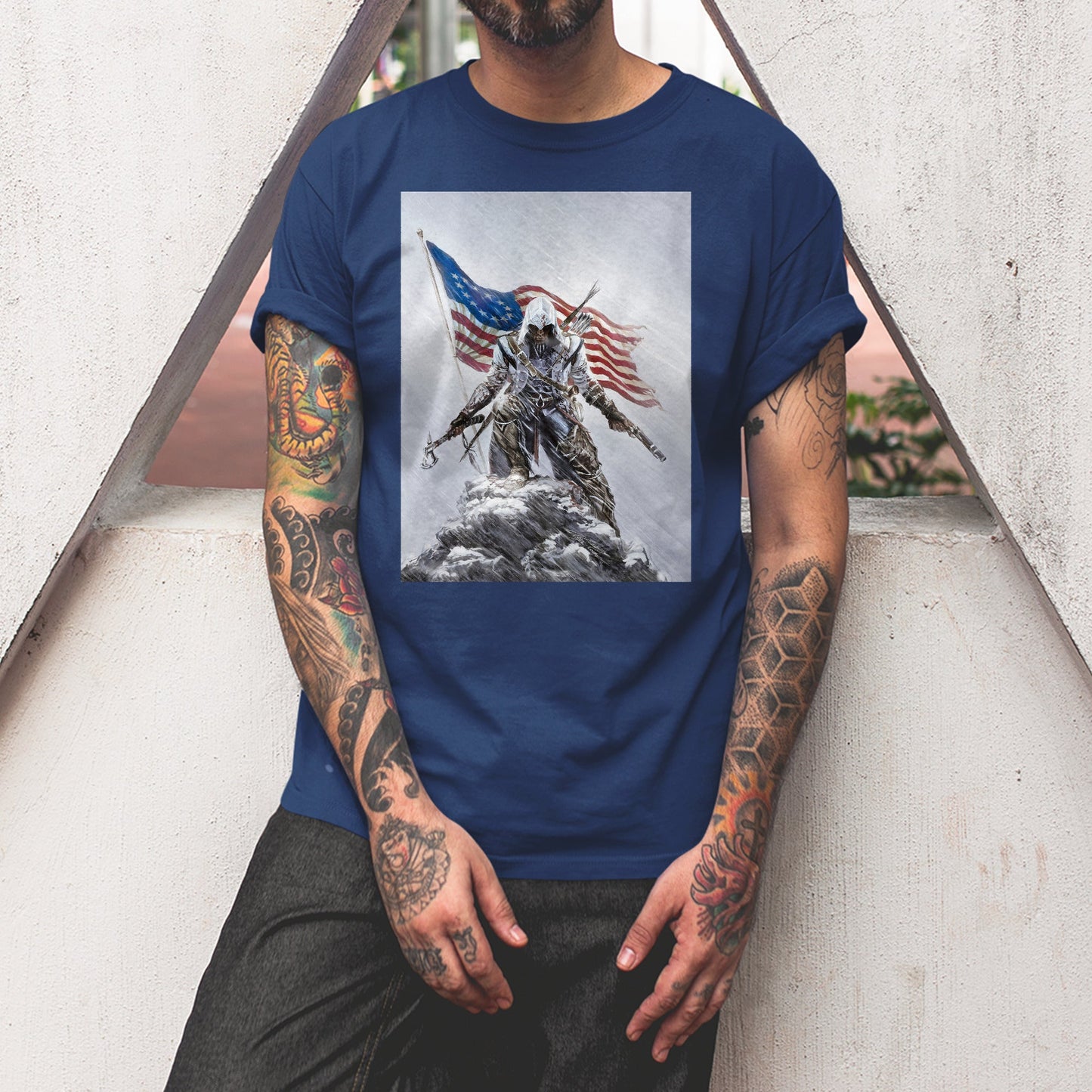 Assassin's Creed III Connor by Alex Ross tee worn by a model, navy