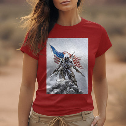 Assassin's Creed III Connor by Alex Ross tee worn by a model, red