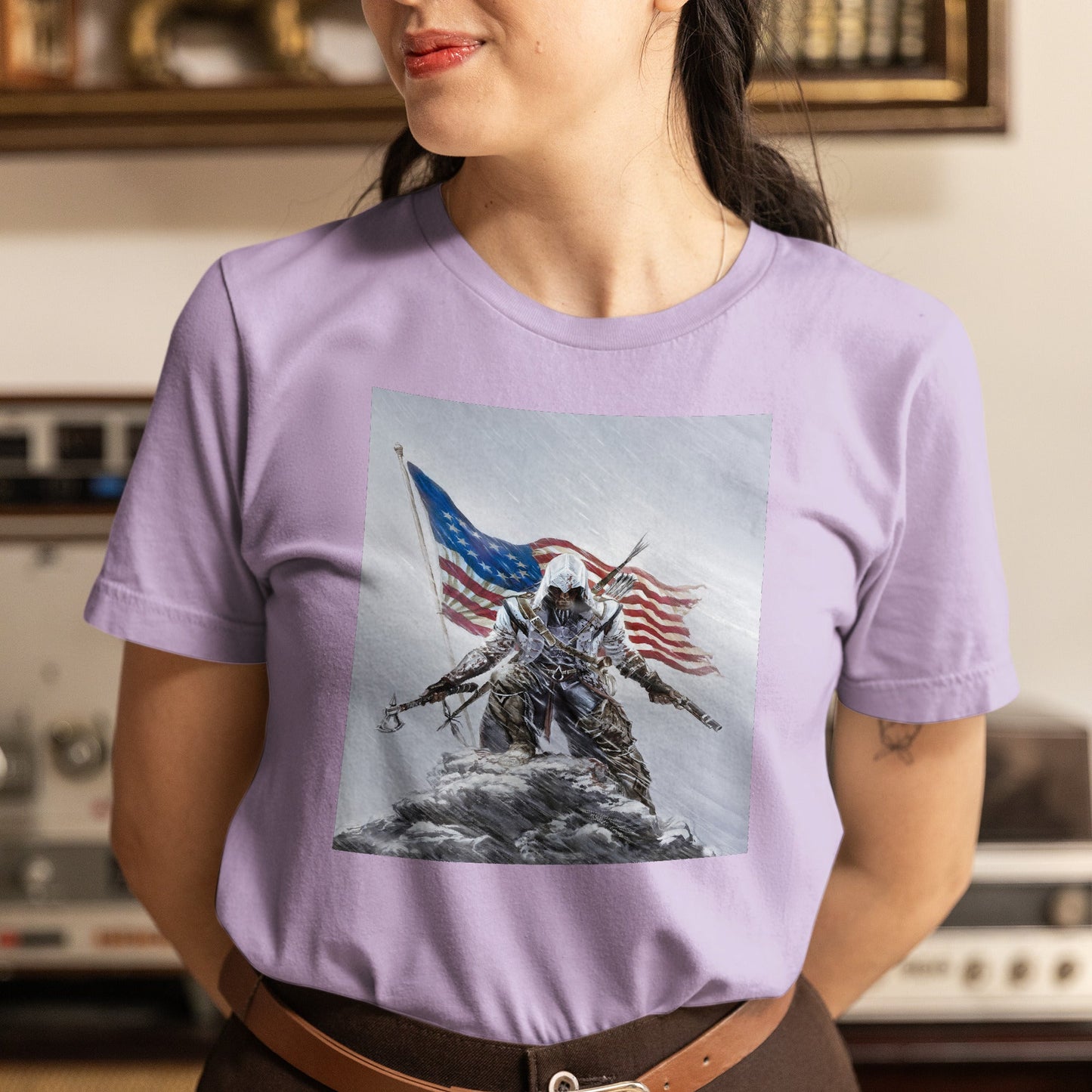 Assassin's Creed III Connor by Alex Ross tee worn by a model, violet