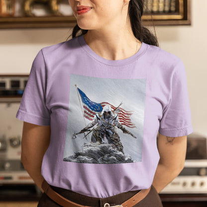 Assassin's Creed III Connor by Alex Ross tee worn by a model, violet