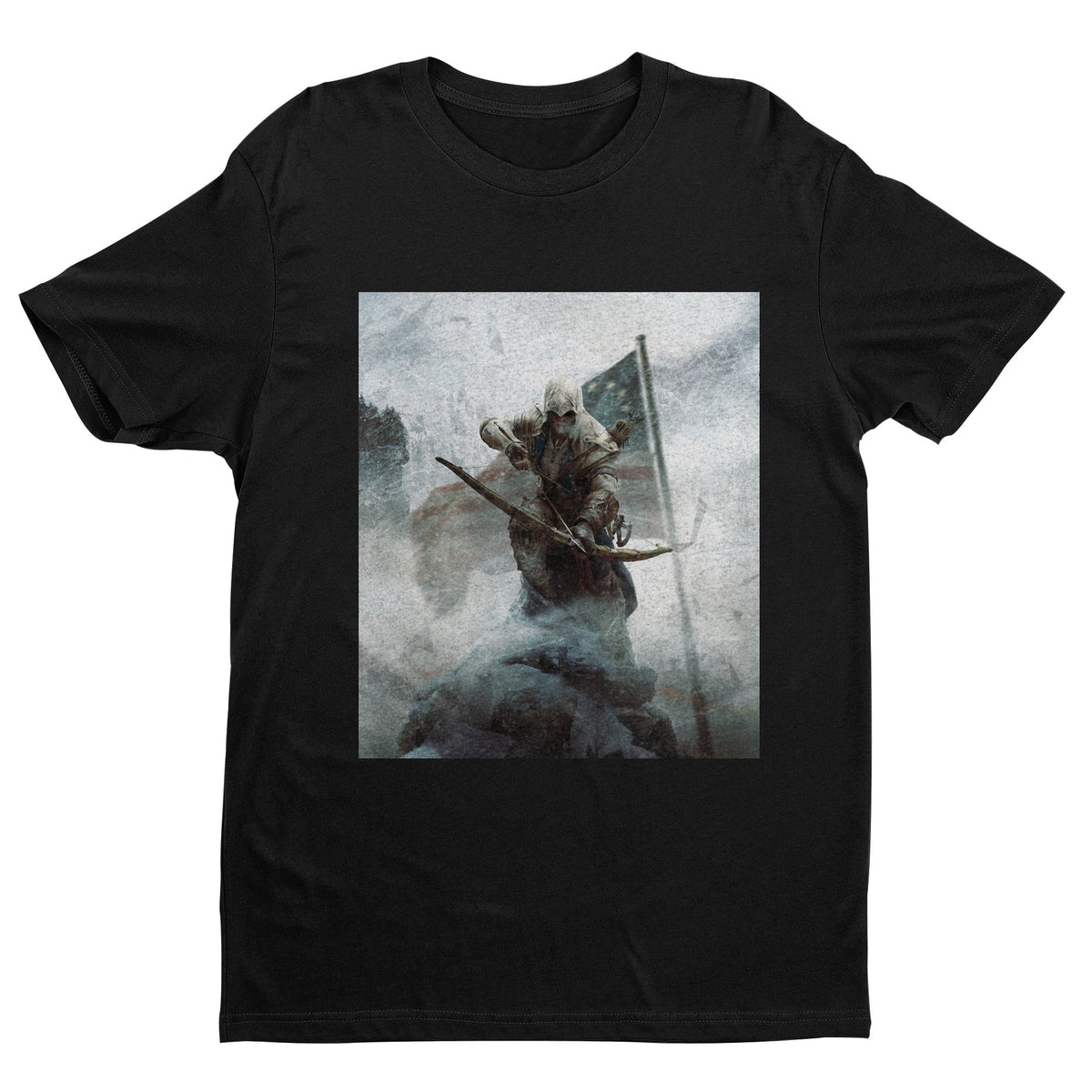 Assassin's Creed III key art tee - black unisex t-shirt, front view