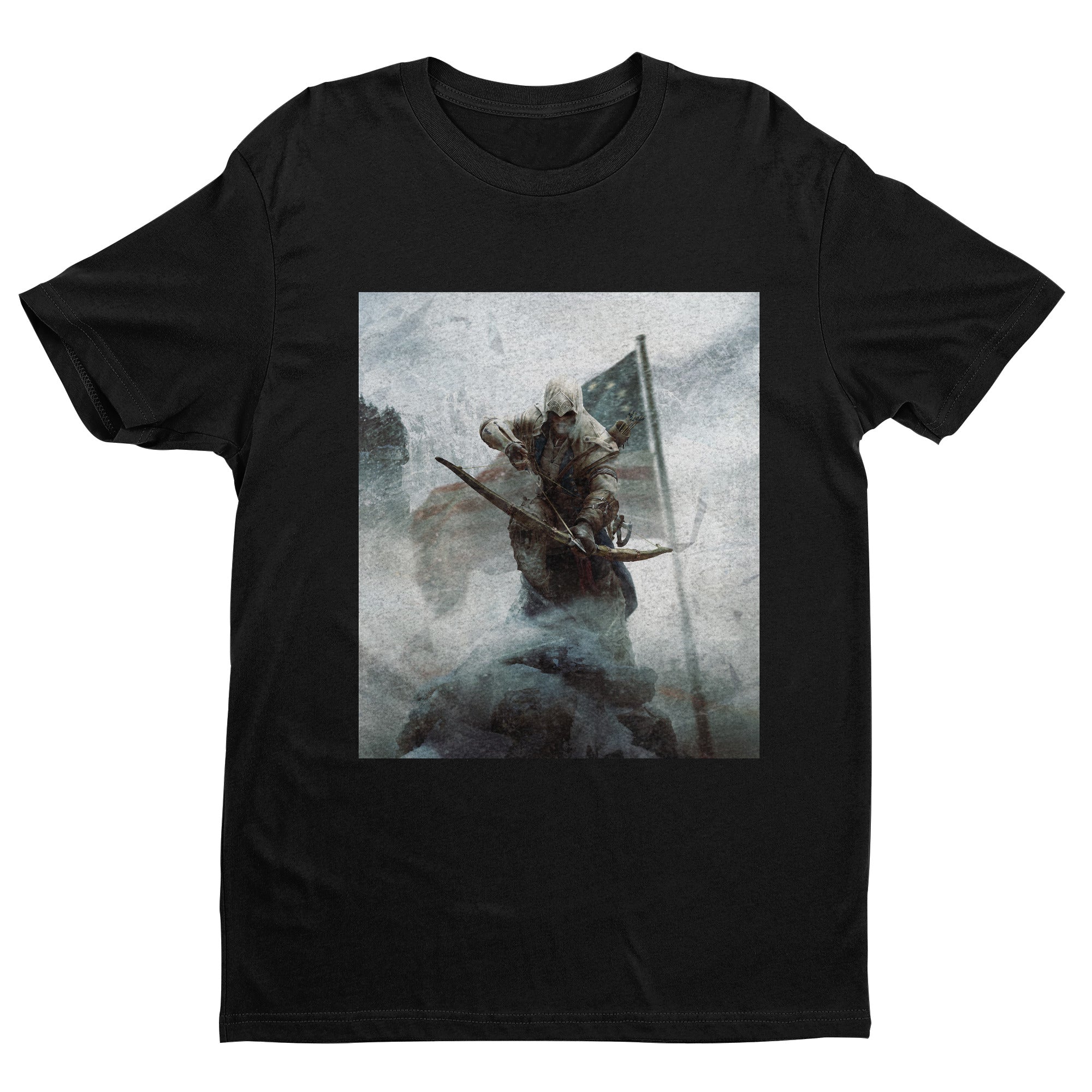 Assassin's Creed III key art tee - black unisex t-shirt, front view