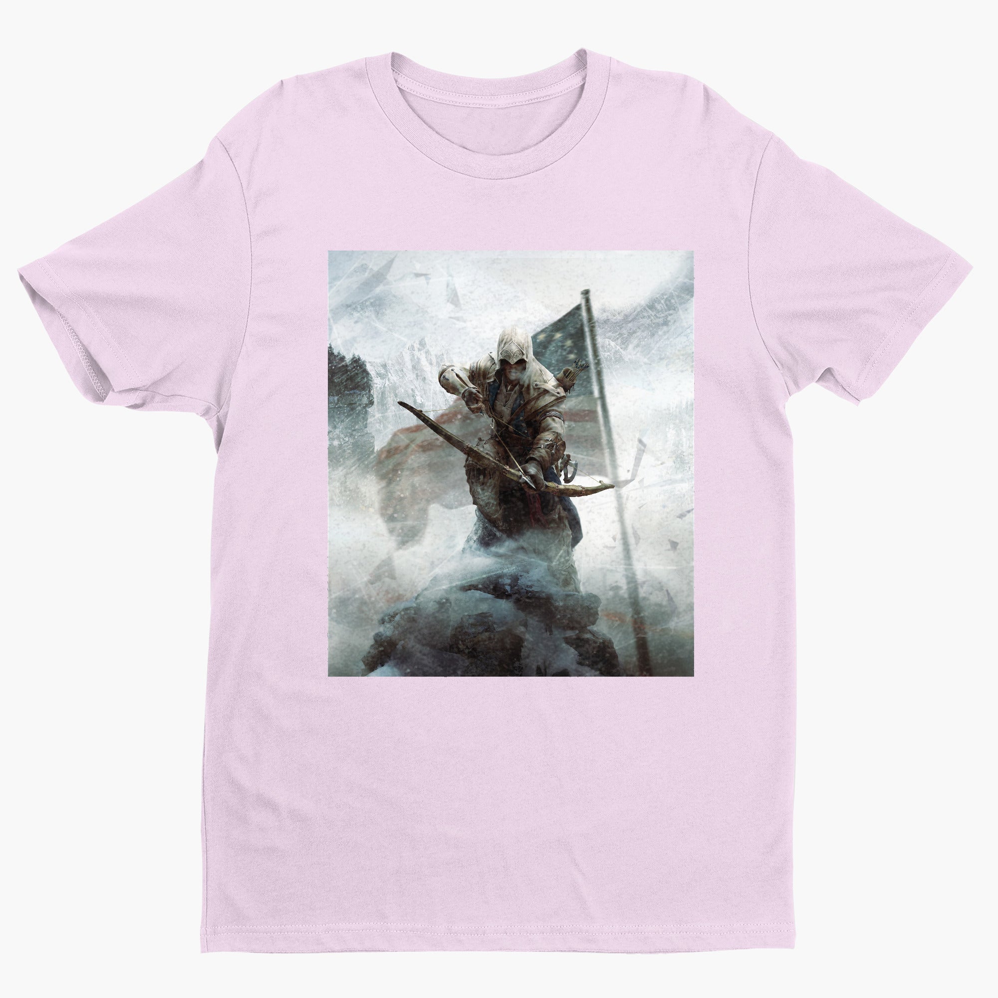 Assassin's Creed III key art tee - light pink unisex t-shirt, front view