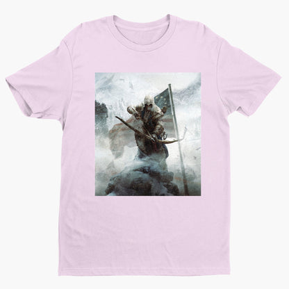 Assassin's Creed III key art tee - light pink unisex t-shirt, front view