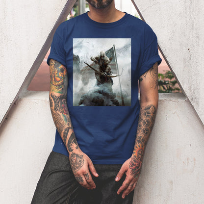 Assassin's Creed III key art tee worn by a model, navy