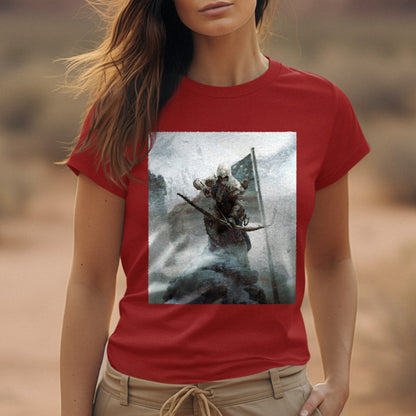 Assassin's Creed III key art tee worn by a model, red
