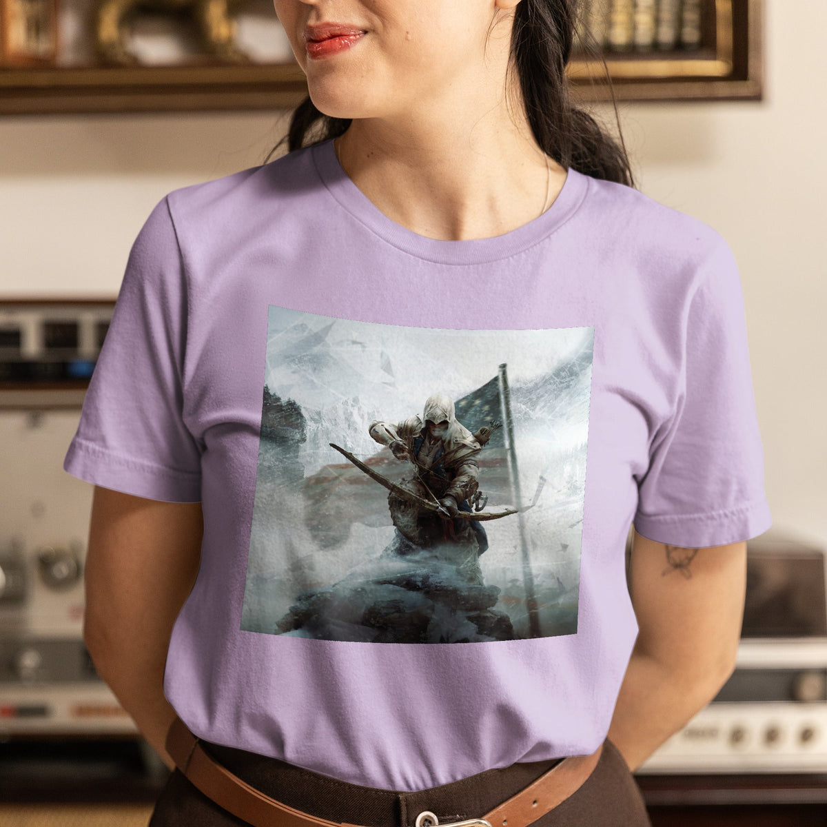 Assassin's Creed III key art tee worn by a model, violet
