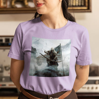 Assassin's Creed III key art tee worn by a model, violet