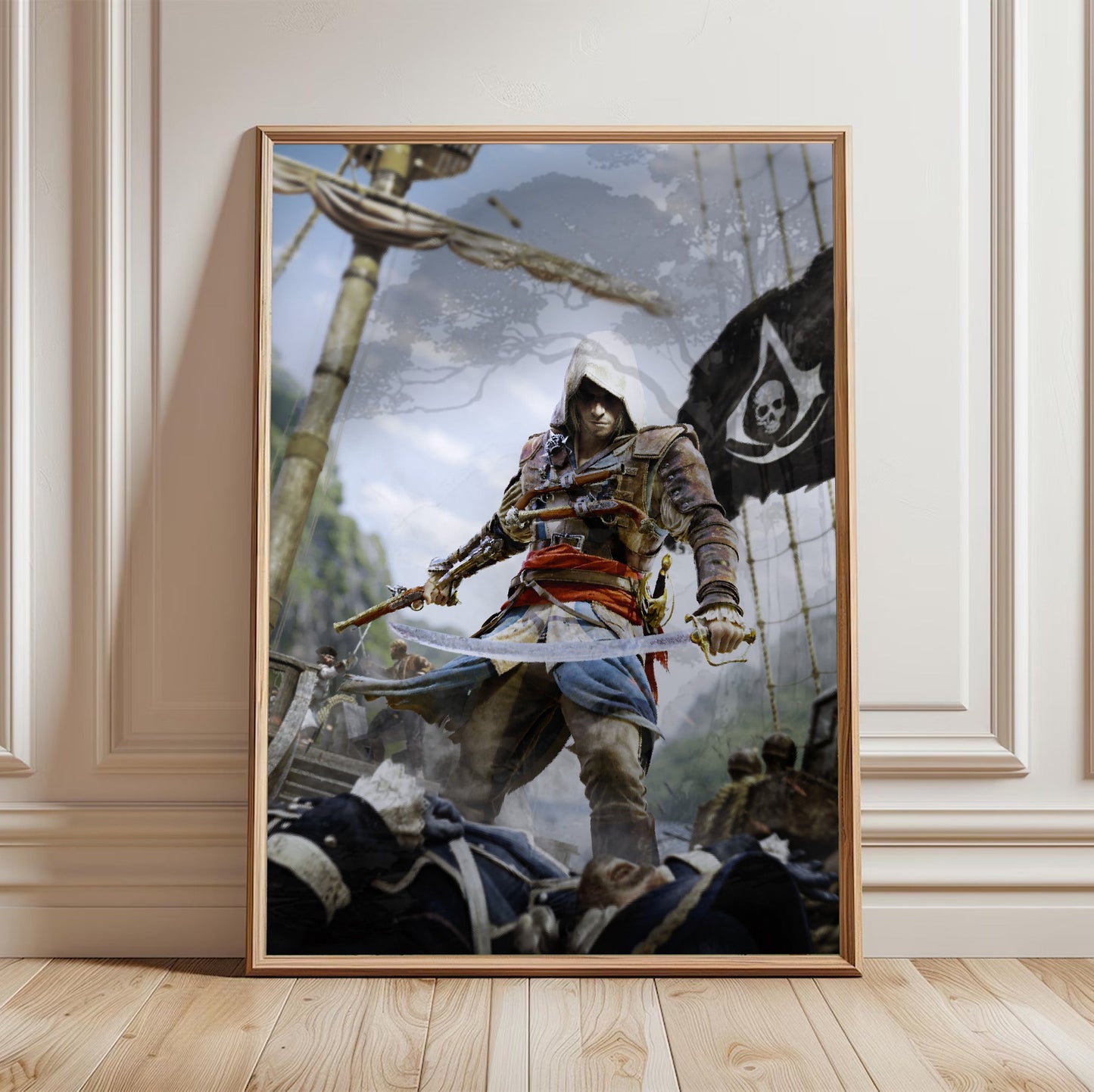 Assassin's Creed IV Black Flag box art in a light oak frame leaning against a white wall
