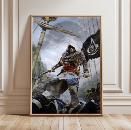 Assassin's Creed IV Black Flag box art in a light oak frame leaning against a white wall