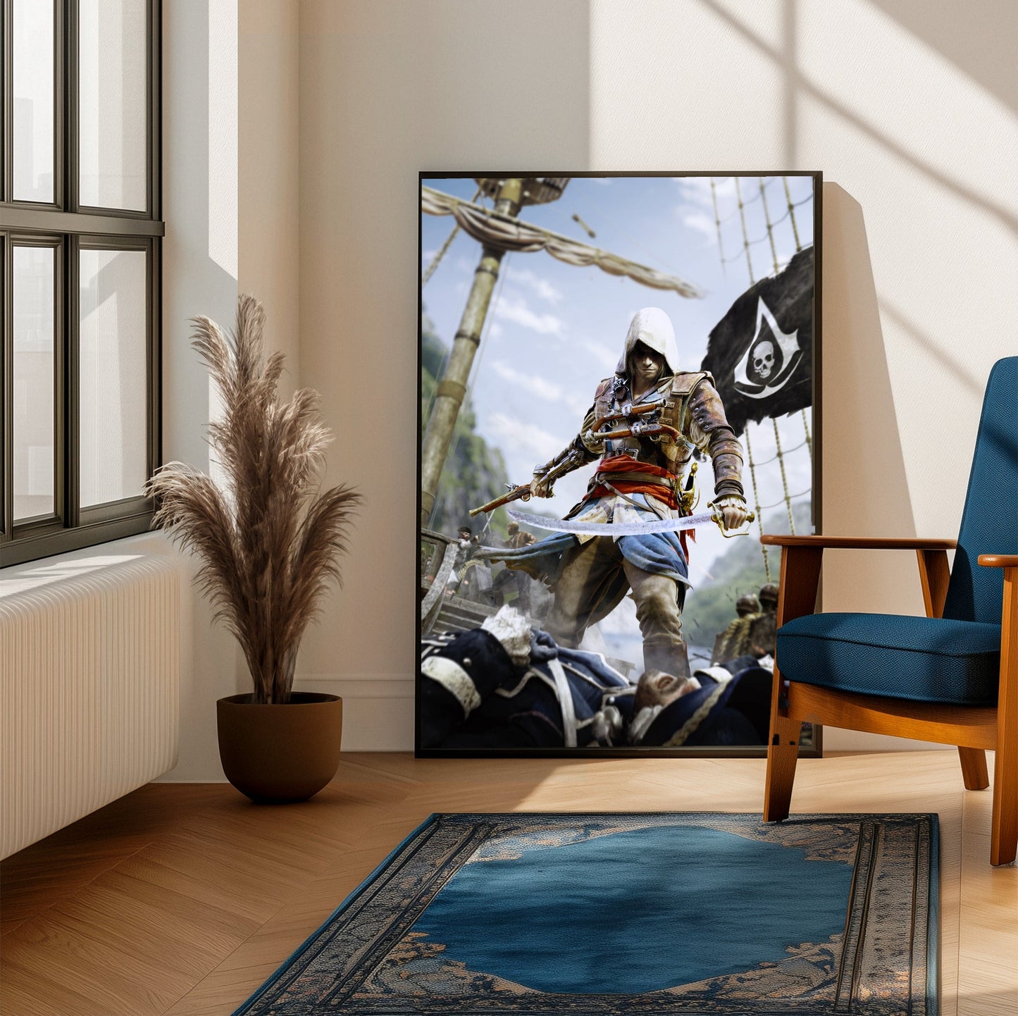Assassin's Creed IV Black Flag box art framed beside a blue armchair in a sunlit room