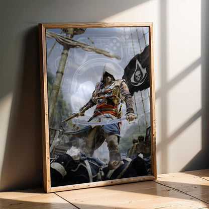 Assassin's Creed IV Black Flag box art in an oak frame leaning on a wooden floor