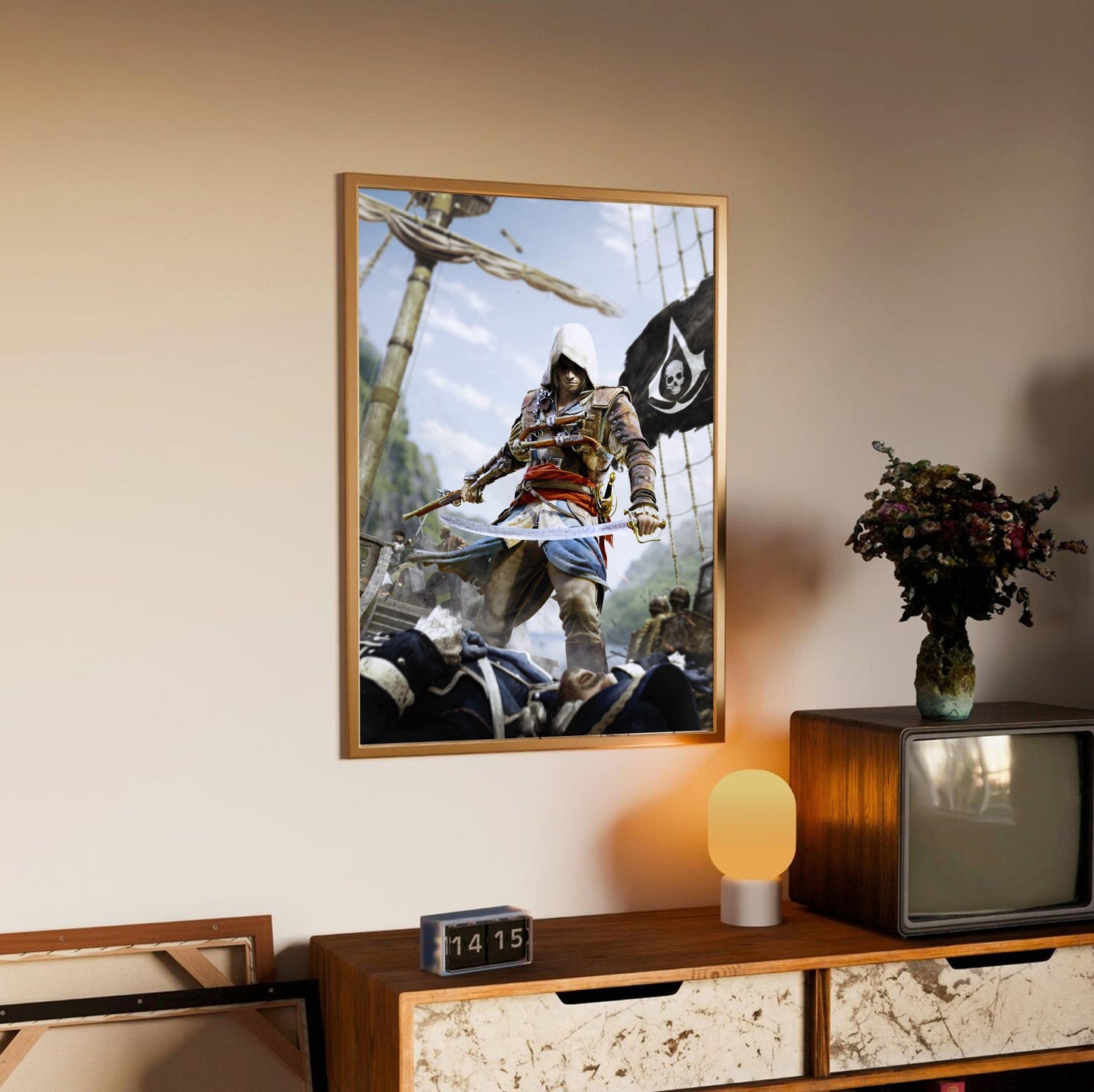 Assassin's Creed IV Black Flag box art in an oak frame above a sideboard