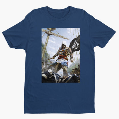 Assassin's Creed IV Black Flag box art tee - navy unisex t-shirt, front view