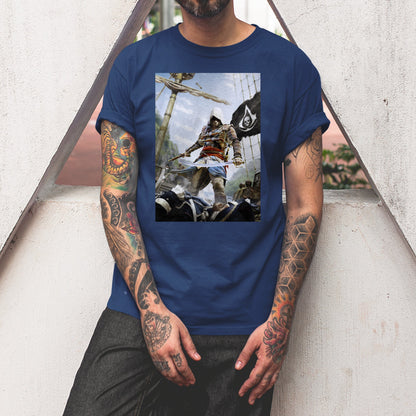 Assassin's Creed IV Black Flag box art tee worn by a model, navy