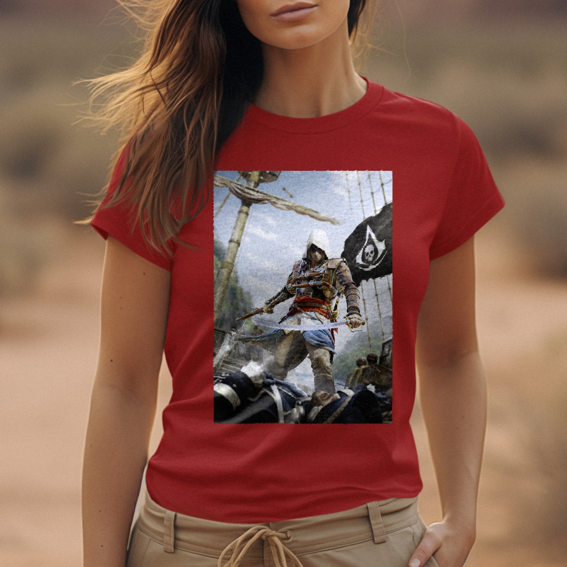 Assassin's Creed IV Black Flag box art tee worn by a model, red
